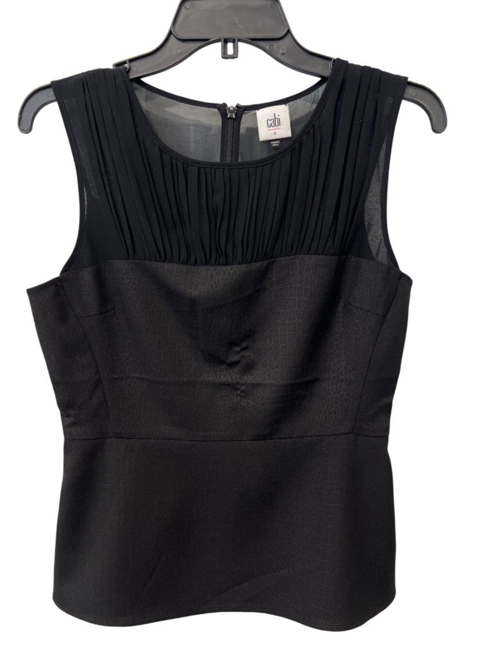 CAbi Peplum Blouse Size 2 Sheer Pleated Sleeveless Snakeskin Black Office Chic